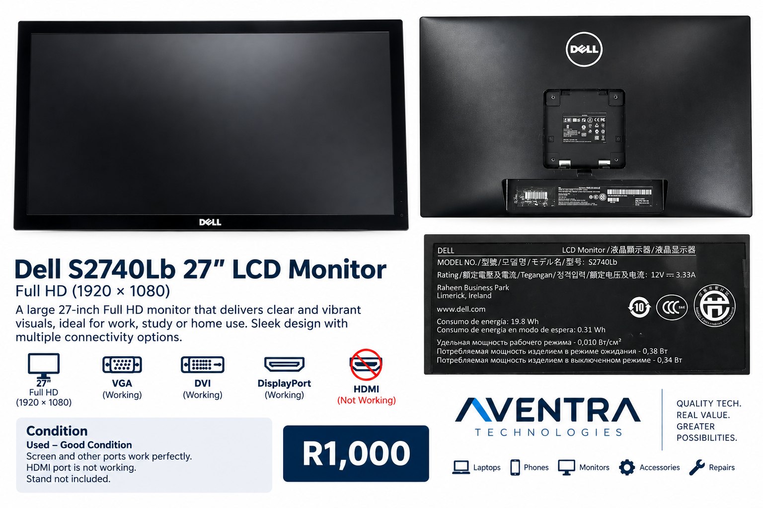 Dell S2740L 27" Full HD Monitor — Pre-owned Dell device