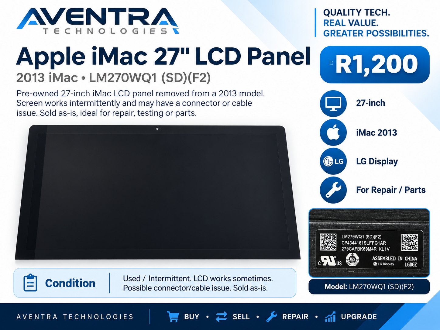 iMac 27-inch (2013) LCD Panel – LM270WQ1 (SD)(F2) — For Parts Apple device