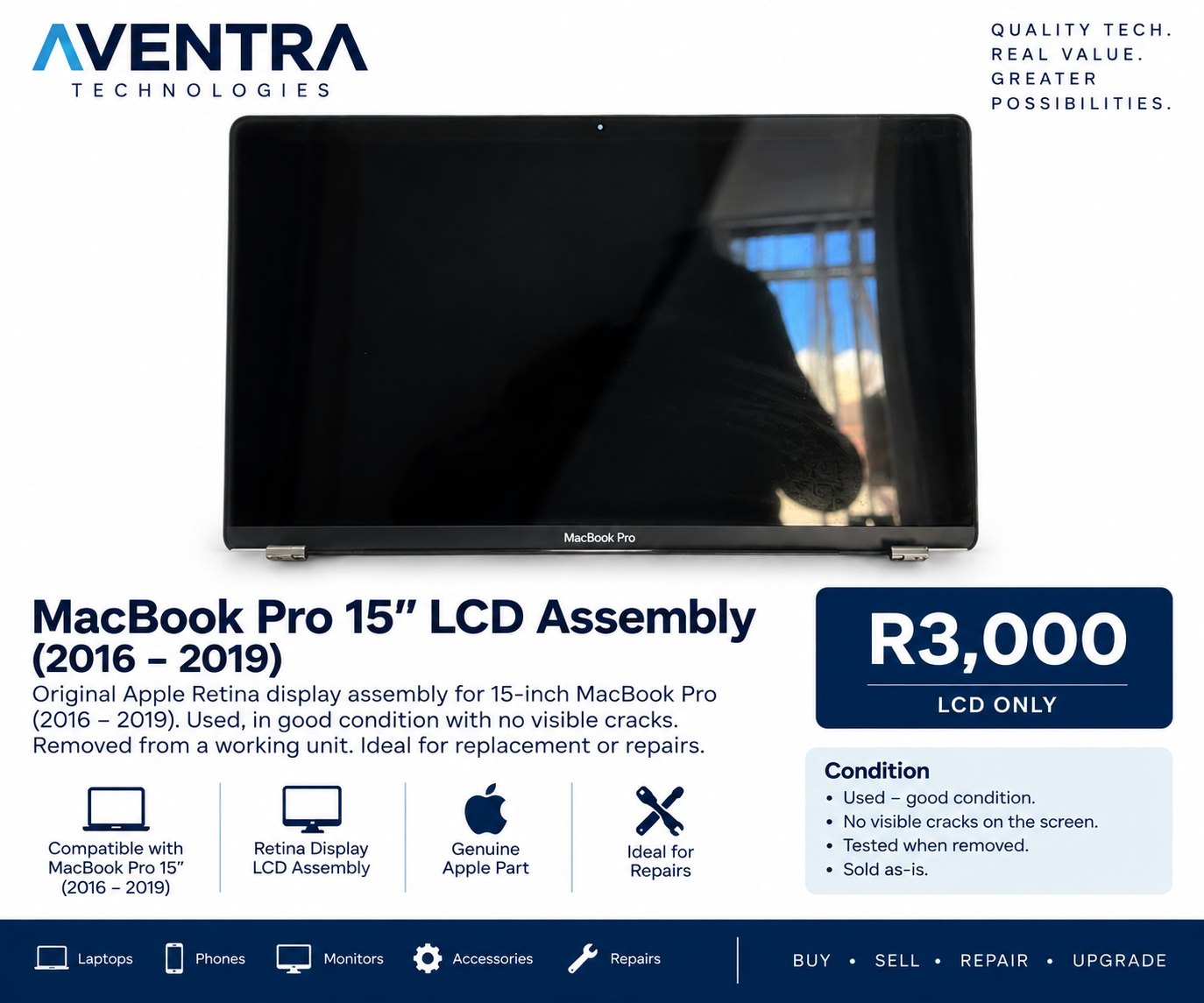 MacBook Pro 15-inch LCD Assembly (2016–2019) — Pre-owned Apple device