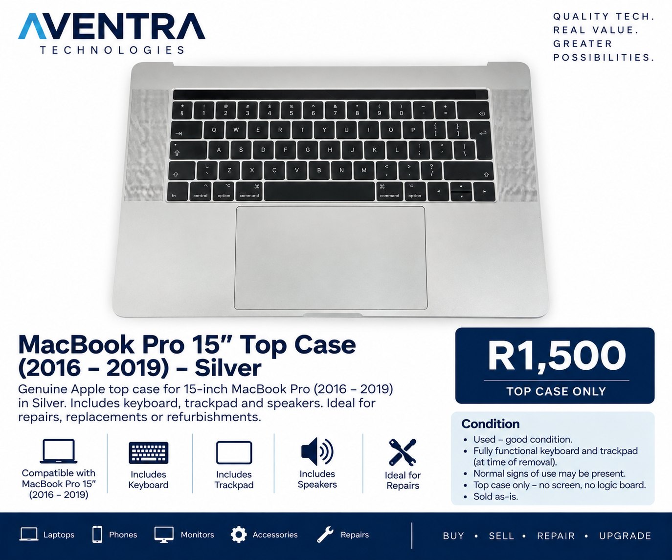 MacBook Pro 15-inch Silver Top Case / Body (2016–2019) — Pre-owned Apple device